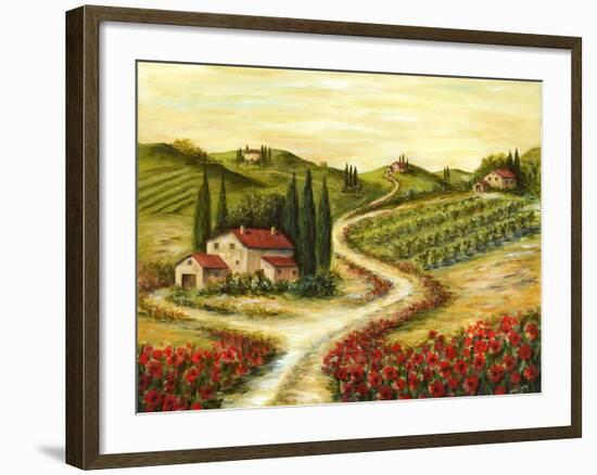 Tuscan Road With Poppies-Marilyn Dunlap-Framed Art Print