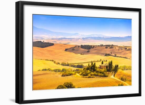 Tuscany, Farmland and Cypress Trees, Green Fields. San Quirico Orcia, Italy.-stevanzz-Framed Photographic Print