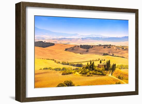 Tuscany, Farmland and Cypress Trees, Green Fields. San Quirico Orcia, Italy.-stevanzz-Framed Photographic Print