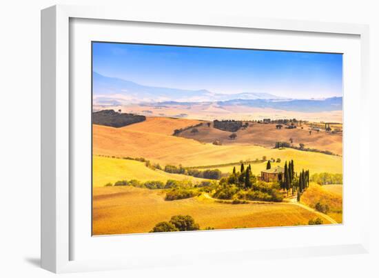 Tuscany, Farmland and Cypress Trees, Green Fields. San Quirico Orcia, Italy.-stevanzz-Framed Photographic Print