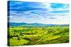 Tuscany, Rural Sunset Landscape. Countryside Farm, White Road and Cypress Trees.-stevanzz-Stretched Canvas