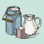 Vector Image of a Milk Canister, a Jug for Milk and a Cup. Depiction in the Style of Engraving.-tutsi-Framed Art Print