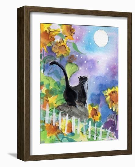 TUXEDO CAT MOONLIGHT SUNFLOWERS-sylvia pimental-Framed Art Print