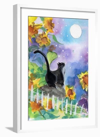 TUXEDO CAT MOONLIGHT SUNFLOWERS-sylvia pimental-Framed Art Print