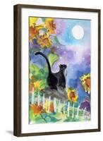 TUXEDO CAT MOONLIGHT SUNFLOWERS-sylvia pimental-Framed Art Print