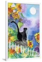 TUXEDO CAT MOONLIGHT SUNFLOWERS-sylvia pimental-Framed Art Print