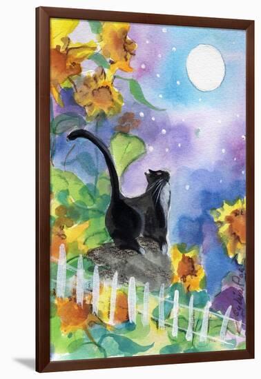 TUXEDO CAT MOONLIGHT SUNFLOWERS-sylvia pimental-Framed Art Print