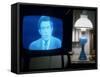 TV Image of Cbs Newscaster Dan Rather Giving Analysis of Pres. Nixon's Resignation Speech-Gjon Mili-Framed Stretched Canvas