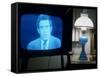 TV Image of Cbs Newscaster Dan Rather Giving Analysis of Pres. Nixon's Resignation Speech-Gjon Mili-Framed Stretched Canvas