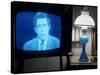 TV Image of Cbs Newscaster Dan Rather Giving Analysis of Pres. Nixon's Resignation Speech-Gjon Mili-Stretched Canvas