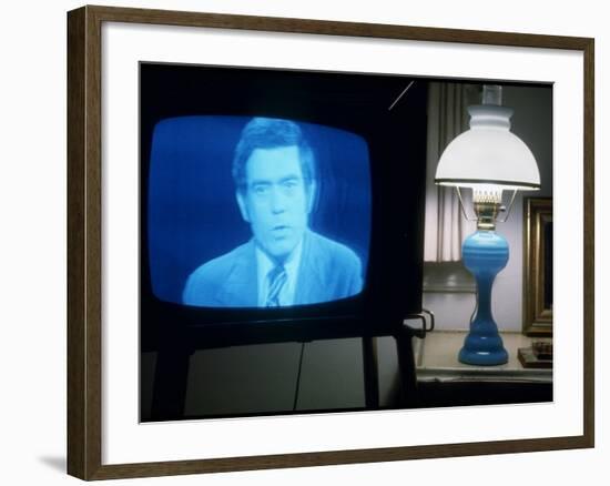 TV Image of Cbs Newscaster Dan Rather Giving Analysis of Pres. Nixon's Resignation Speech-Gjon Mili-Framed Photographic Print