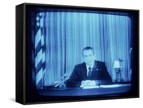 TV Image of Pres. Richard M. Nixon Announcing His Resignation in Speech from the Oval Office-Gjon Mili-Framed Stretched Canvas