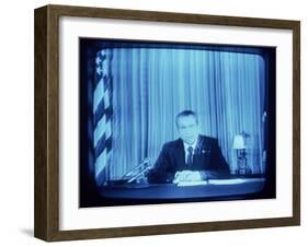 TV Image of Pres. Richard M. Nixon Announcing His Resignation in Speech from the Oval Office-Gjon Mili-Framed Photographic Print