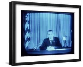 TV Image of Pres. Richard M. Nixon Announcing His Resignation in Speech from the Oval Office-Gjon Mili-Framed Photographic Print