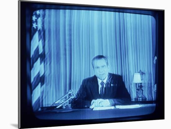 TV Image of Pres. Richard M. Nixon Announcing His Resignation in Speech from the Oval Office-Gjon Mili-Mounted Photographic Print