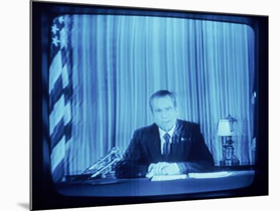 TV Image of Pres. Richard M. Nixon Announcing His Resignation in Speech from the Oval Office-Gjon Mili-Mounted Photographic Print