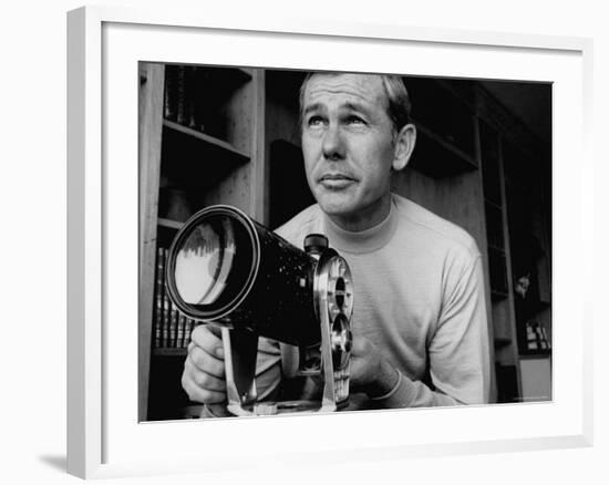 TV Star Johnny Carson at Home Studying Astronomy from the Large Telescope in His Window-Arthur Schatz-Framed Premium Photographic Print