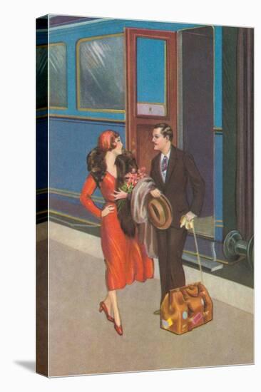 Twenties Couple on Train Platform-Found Image Press-Stretched Canvas