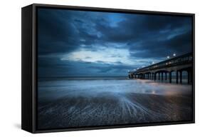 Twilight Dusk Landscape of Pier Stretching out into Sea with Moonlight-Veneratio-Framed Stretched Canvas