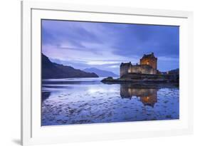 Twilight over Eilean Donan Castle on Loch Duich, Dornie, Scotland. Winter (November)-Adam Burton-Framed Photographic Print