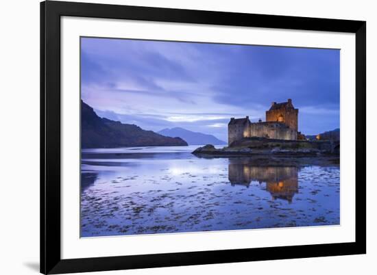 Twilight over Eilean Donan Castle on Loch Duich, Dornie, Scotland. Winter (November)-Adam Burton-Framed Photographic Print