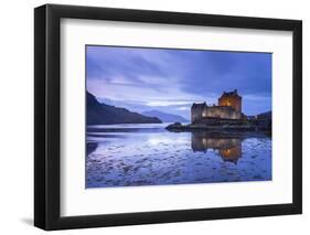 Twilight over Eilean Donan Castle on Loch Duich, Dornie, Scotland. Winter (November)-Adam Burton-Framed Photographic Print