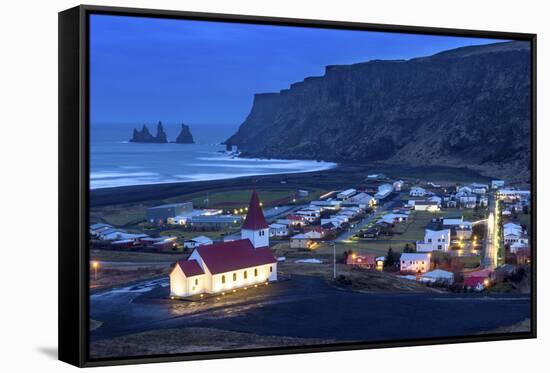 Twilight View across the Small Town of Vik, South Iceland, Iceland, Polar Regions-Chris Hepburn-Framed Stretched Canvas