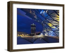 Twilight View of Pedestrian Bridge to BMW Headquarters Office Building and Museum, BMW-Cahir Davitt-Framed Photographic Print