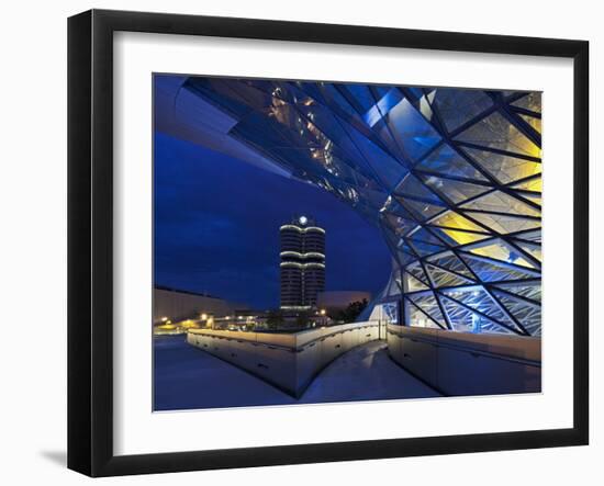 Twilight View of Pedestrian Bridge to BMW Headquarters Office Building and Museum, BMW-Cahir Davitt-Framed Photographic Print