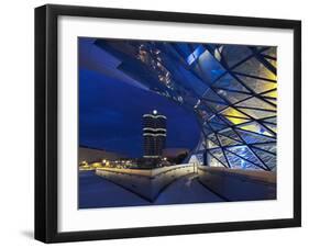 Twilight View of Pedestrian Bridge to BMW Headquarters Office Building and Museum, BMW-Cahir Davitt-Framed Photographic Print