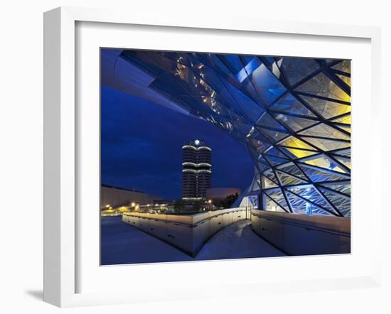 Twilight View of Pedestrian Bridge to BMW Headquarters Office Building and Museum, BMW-Cahir Davitt-Framed Photographic Print