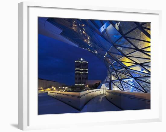 Twilight View of Pedestrian Bridge to BMW Headquarters Office Building and Museum, BMW-Cahir Davitt-Framed Photographic Print