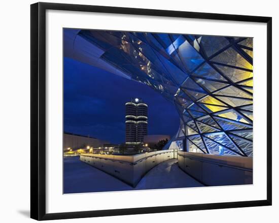 Twilight View of Pedestrian Bridge to BMW Headquarters Office Building and Museum, BMW-Cahir Davitt-Framed Photographic Print