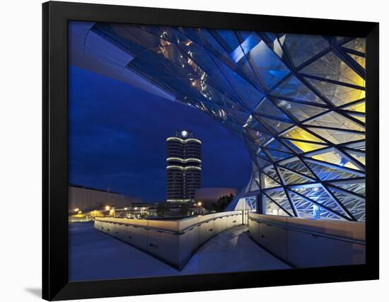 Twilight View of Pedestrian Bridge to BMW Headquarters Office Building and Museum, BMW-Cahir Davitt-Framed Photographic Print