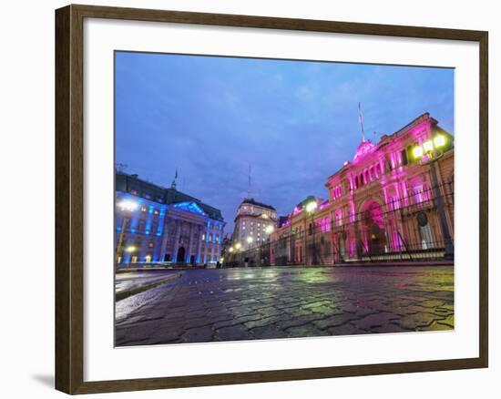 Twilight view of the Casa Rosada and Banco de la Nacion, City of Buenos Aires, Buenos Aires Provinc-Karol Kozlowski-Framed Photographic Print