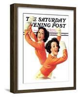 "Twin Cheerleaders," Saturday Evening Post Cover, September 28, 1940-Walt Otto-Framed Premium Giclee Print