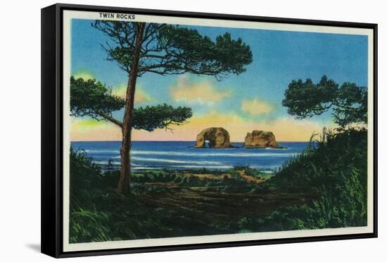 Twin Rocks on Oregon Coast - Oregon Coast-Lantern Press-Framed Stretched Canvas