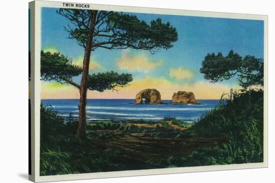 Twin Rocks on Oregon Coast - Oregon Coast-Lantern Press-Stretched Canvas