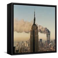 Twin Towers of the World Trade Center Burn Behind the Empire State Buildiing, September 11, 2001-null-Framed Stretched Canvas