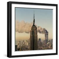 Twin Towers of the World Trade Center Burn Behind the Empire State Buildiing, September 11, 2001-null-Framed Premium Photographic Print