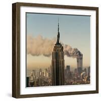 Twin Towers of the World Trade Center Burn Behind the Empire State Buildiing, September 11, 2001-null-Framed Photographic Print