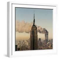 Twin Towers of the World Trade Center Burn Behind the Empire State Buildiing, September 11, 2001-null-Framed Photographic Print