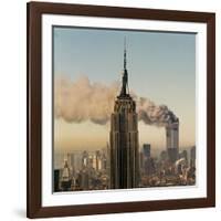 Twin Towers of the World Trade Center Burn Behind the Empire State Buildiing, September 11, 2001-null-Framed Photographic Print