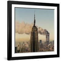 Twin Towers of the World Trade Center Burn Behind the Empire State Buildiing, September 11, 2001-null-Framed Photographic Print