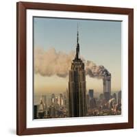 Twin Towers of the World Trade Center Burn Behind the Empire State Buildiing, September 11, 2001-null-Framed Photographic Print