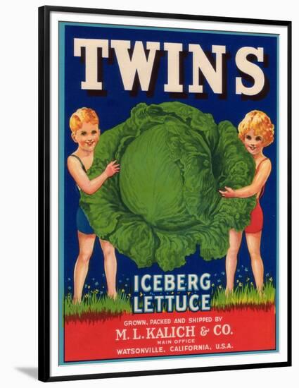 Twins Lettuce Label - Watsonville, CA-Lantern Press-Framed Premium Giclee Print