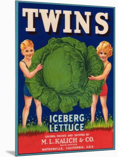 Twins Lettuce Label - Watsonville, CA-Lantern Press-Mounted Premium Giclee Print