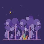 Colorful Vector Concept with Camping Scene. Night Landscape with Tent, Forest, Fire, Sparks, Starry-twins_nika-Art Print