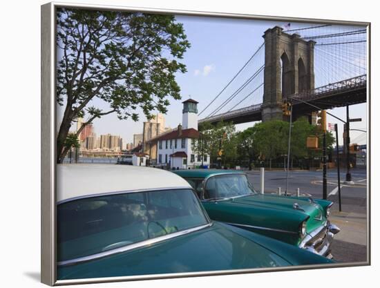 Two 1950's Cars Parked Near the Brooklyn Bridge at Fulton Ferry Landing, Brooklyn-Amanda Hall-Framed Photographic Print