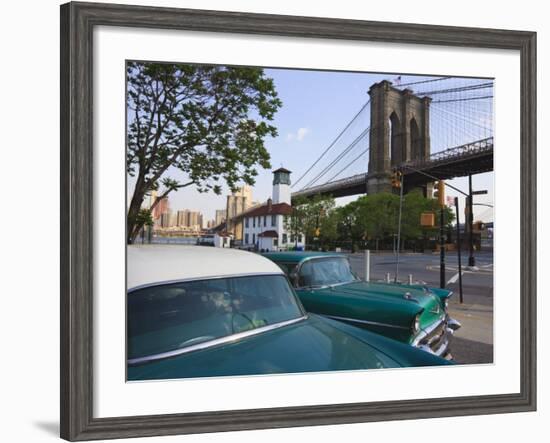 Two 1950's Cars Parked Near the Brooklyn Bridge at Fulton Ferry Landing, Brooklyn-Amanda Hall-Framed Photographic Print